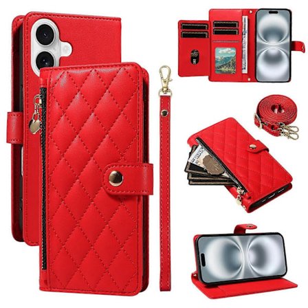 For iPhone 16 Wallet Case (med skulderrem), Diamant Læder Stand Case (Rød, Rød)