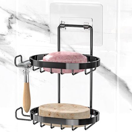 2-lags såpeskålholder, såpeholder med kroker, dusjvegg sjampo- og såpeholder, 304 rustfritt stål såpeskål, bad (svart)