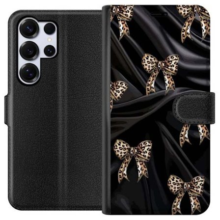 Kompatibelt Lommeboketui til Samsung Galaxy S26 Ultra Leopardmønstrede sløyfer på svart silkebakgrunn, luksuriøst mønster med glamour, eksklusiv stil