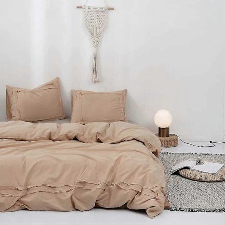 Khaki Dynetrekk Queen, Premium 100% Vasket Bomull 3 Deler Ultra Myk Pustende Boho Shabby Chic Bondegårds Sengetøy med Volanger Dusker Frynser 