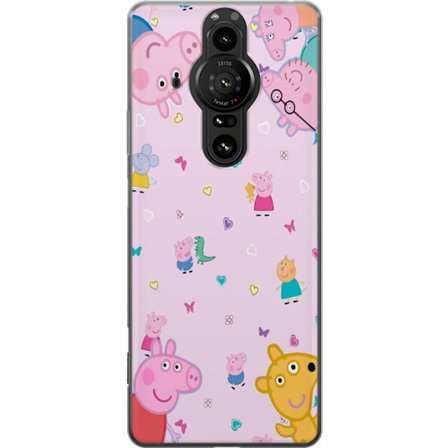 Kompatibelt Mobildeksel til Sony Xperia Pro-I Peppa Gris med en baby i armene, mamma gris motiv i fargerik og myk barneillustrasjon med hjerter