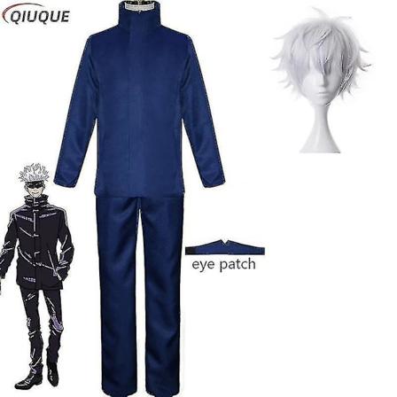 2023 Anime Jujutsu Kaisen Gojo Satoru Cosplay Kostume Top Bukser Øjenlap Halloween Fest Mænd Uniform Parykker-1-1 Blå Pakke 3 Blue Package 3 XXL