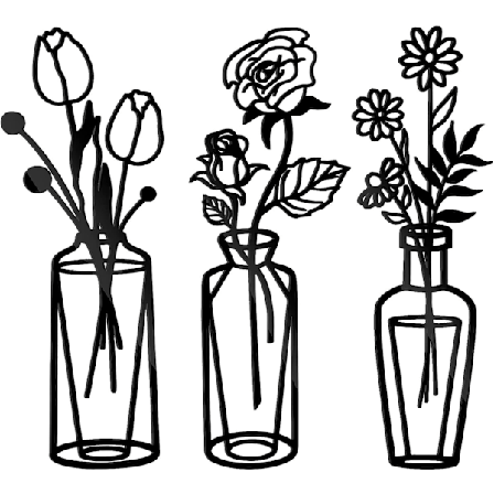 3 deler metallblomster veggdekor vase veggkunst, svart