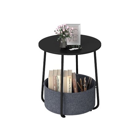 Rundt sidebord med opbevaringskurv, sort metalstel
