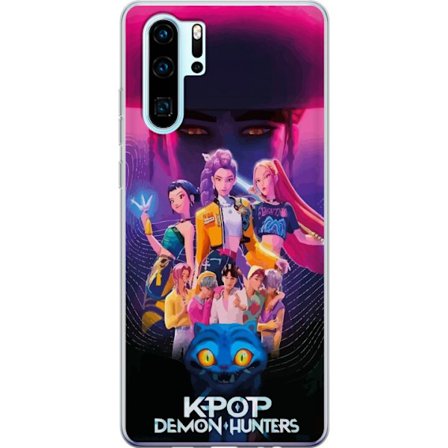 Huawei P30 Pro Gjennomsiktig deksel Kpop Demon Hunters plakat med fargerike helter, neonlys og episk fantasy anime estetikk.