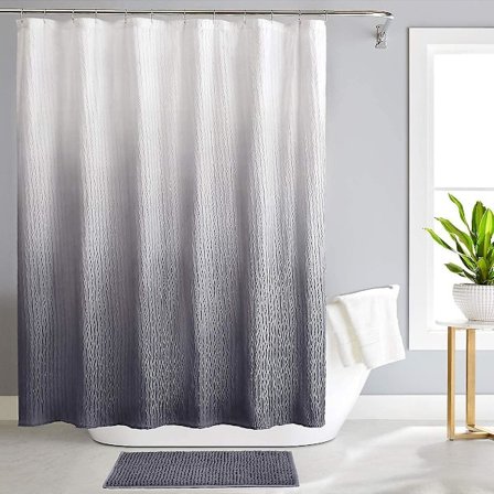 180x180cm Grått Dusjforhengsett Med Matte Og Kroker For Baderom Teksturert Vanntett Gradient Stoff Bade Dusjforheng
