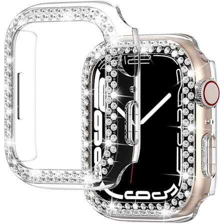 Etui kompatibelt med Apple Watch skjermbeskytter serie 7, PC hard edge deksel diamant støtfanger tilbehør for iwatch kvinner (klar, 45mm)