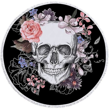 Strandhandduk 150 x 150 cm Tjock Rund Överdimensionerad Strandhandduksfilt, Mikrofibertyg Med Svarta Fransar Bomullstofsar Dödskalle Blomma 