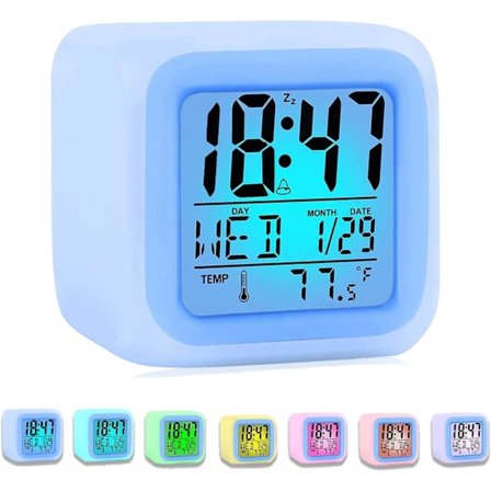 Digital vekkerklokke for barn - Vekkerekker nattbord lett å lese med 7 farger lysbryter snooze temperatur kalender musikk for tunge sovende barn