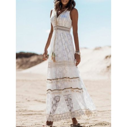Sommar Boho Långa Klänningar Kvinnor Spets V-hals Spaghetti Rem Klänning Dam Off Shoulder Strandklänning Vit Klänning Vestidos De Mujer