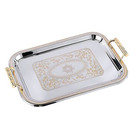 Nordisk Serveringsbrett i Rustfritt Stål med Håndtak Elegant Rektangulært Kaffebar Mat Holder Dessert Display Plate Dekor Gold L