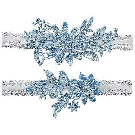 Bryllupsstrømpebåndssæt i blonder - Strækbar brude strømpebånd med blomster til brud (2 stk. blå)