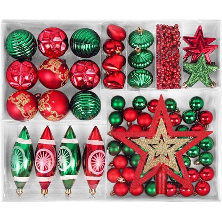 Røde/grønne julekuler, juletrepynt i plast D