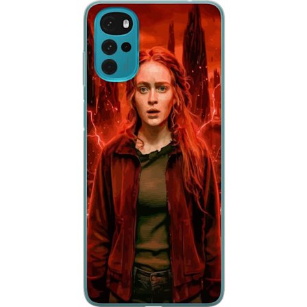 Kompatibelt Mobilskal till Motorola Motorola Moto G22 Porträtt av en ung kvinna med rött hår i en apokalyptisk landskap, röda blixtar och mörka k