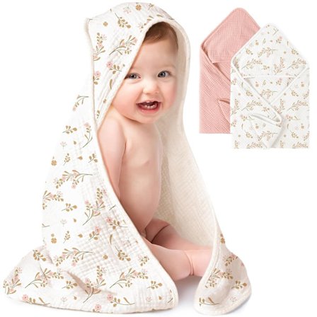 2-pakning muslin hette babyhåndklær, bomull, ultramyke og absorberende babybadehåndklær med hette (rosa, blomstret, 76 x 76 cm)