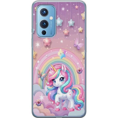 Kompatibel Mobilcover til OnePlus 9 Magisk enhjørning med regnbue manke, stjerner og sommerfugle mod en pastelfarvet himmel med skyer