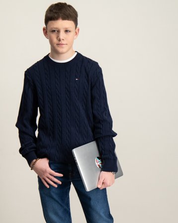 Tommy Hilfiger CREW NECK COTTON CABLE SWEATER Blå Tröjor Kille - Kids Brand Store