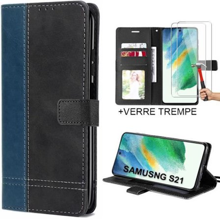 Fodral till Samsung Galaxy S21 FE - Skydd Marinblå lädereffekt och 2 härdade glasögon