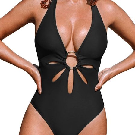 Damebadedrakt med ringer, halterneck utskjæring badedrakt i ett stykke