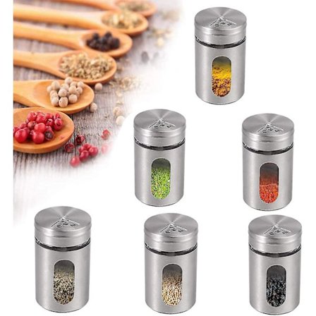 Krydderi-glaspakke med 6 krydderidrysteflasker, rustfrit stål, 90 ml, krydderiglas, gave