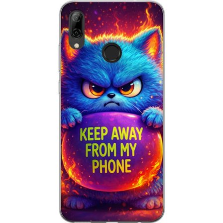 Kompatibel Mobilcover til Huawei Huawei P smart 2019 Vred luvat blå kat med teksten "Hold dig væk fra min telefon" i neonfarver og ildlignende effek