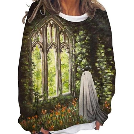 Ghost Sweatshirt Kvinnor Halloween Pumpkin Shirts Rolig nyhet Grafiska T-shirts Långärmade höstskjortor