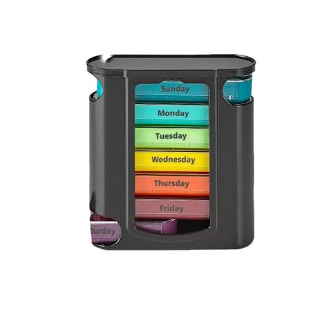 Ugentlig Pilleboks, 1 Dispenser, 7 Stable Kompartmenter Fire Gange Dagligt - Morgen, Middag, Aften og Sengetid, Sort (13*11.7*4.5cm)