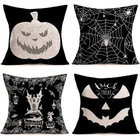 4 stk. 45*45cm sort Halloween pudebetræk græskar grimasse spindelvæv pudebetræk