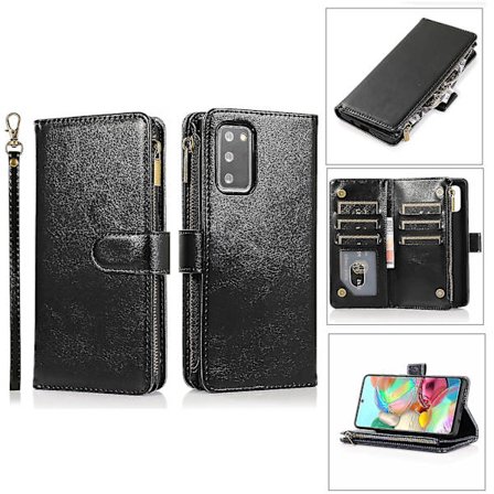 Pung Etui Kompatibel Samsung Galaxy S20fe Lynlås Pung Med 9 Kortpladser, Håndledsrem, Stativ, Magnetisk Flip Læder Etui Sort