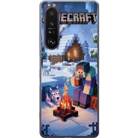 Kompatibelt Mobilskal till Sony Sony Xperia 1 III Minecraft vintermotiv med Steve, varg, lägereld och snöig stuga spelinspirerad illustration perfek