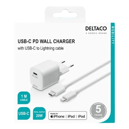 Deltaco PD Väggladdare med USB-C till Lightning Kabel 1m, 20W - Vit