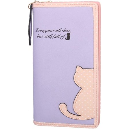 Dame Lommebok Søt Katt Glidelås Trykknapp Clutch Biofold Veske Kortetui Lilla -
