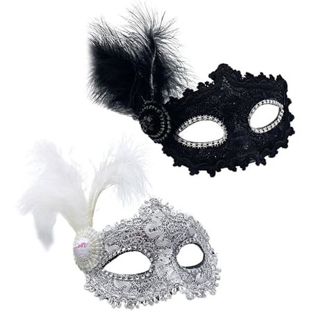2 stk. Maske med fjær Kvinners Venetianske Maske Halloween Fest Cosplay Mardi Gras Maske Karneval Øyemaske (Svart og Hvit)