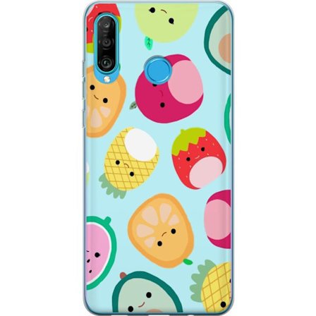 Kompatibel Mobilcover til Huawei P30 lite Mønster af kawaii frugter som jordbær citron ananas og avocado på lyseblå baggrund