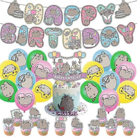 Pusheen Födelsedagsfest Dekorationer Set - Grattis på födelsedagen Banners, Ballonger, Tårta & Muffinsdekorationer för Katt-tema Fest