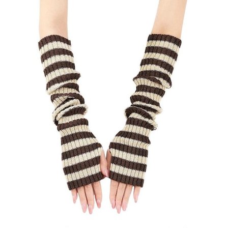 Varme Strikkede Fingerløse Handsker Langt Stribet Design Til Kvinder Koldt Vejr Udendørs Aktivitet khaki og Beige