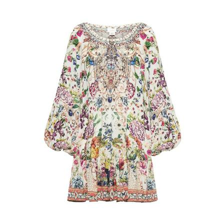 Camilla Pihl, Camilla Blouson Sleeve A Line Frill Silk Dress Queens BEE Hive Beige, Dames, Maat:S