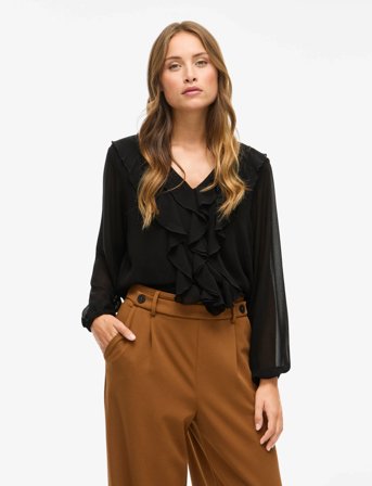 Vila Viane L/S V-Neck Frill Top - Noos - Black - 44