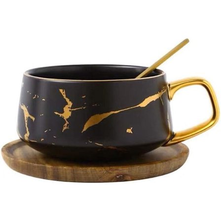 Porslinste-kopp & fat set för afternoon tea - Marmormönster (Svart, Kort 300ml + Träfat)
