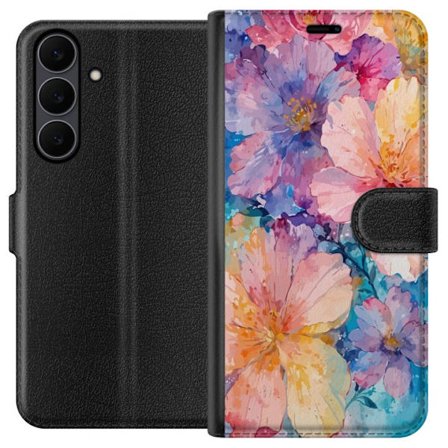 Kompatibelt Plånboksfodral till Samsung Samsung Galaxy S25 FE Akvarellmålning med stora blommor i rosa, blå och gula toner i en mjuk konstnärlig s