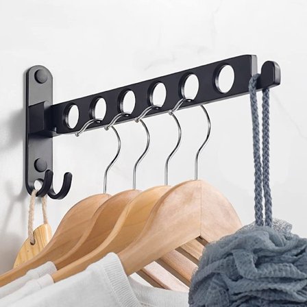 Taitettava vaateripustin, seinälle kiinnitettävä vaatetanko, seinäkoukku, taitettava koukku parvekkeelle, kylpyhuoneeseen, pyykkitupaan (musta, 1 kpl)