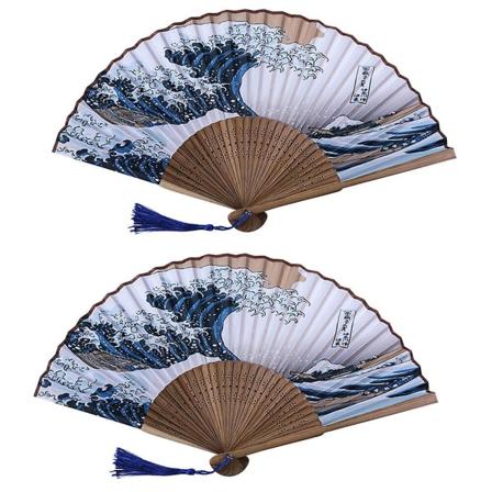 2 stk Brettbar Håndholdt Bambusvifte Kanagawa Bølgemønster Vifte Barn Gave (blå)Blå38x21cm Blue 38x21cm