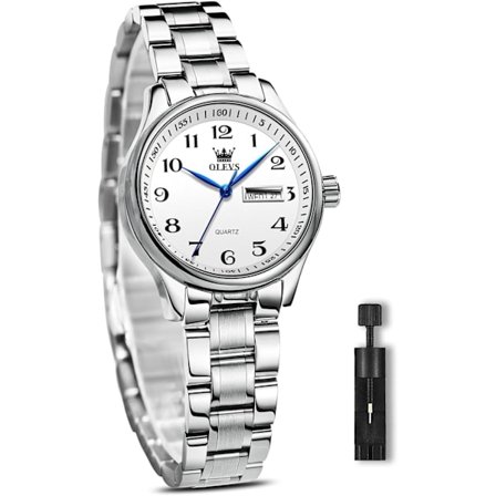 Dam Diamant Kvarts Klocka Kalender Månfas Vattentät Klocka (Silver)