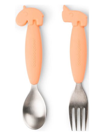 Done by Deer Easy-Grip Spoon And Fork Set Deer Friends Coral - Orange - H:14.4CM