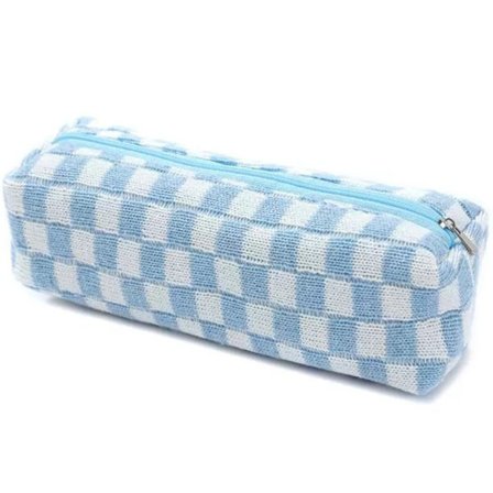 Sød ternet penalhus - Æstetisk penalhus med lynlås til piger, stilfuldt skoleudstyr og makeup-taske (blå)