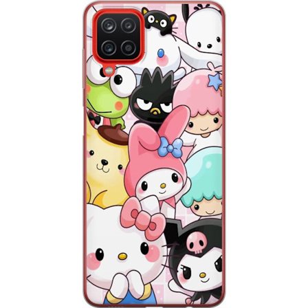 Kompatibelt Mobildeksel til Samsung Galaxy A12 Tett mønster av søte figurer med store øyne i ulike farger og uttrykk med LABUBU-tekst