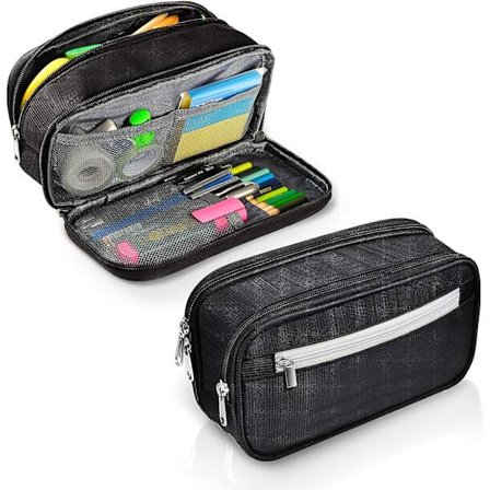 Sort sort sort blyantæske, 3-lags blyantæske, multifunktionel bærbar blyantæske, skole- og kontorartikler