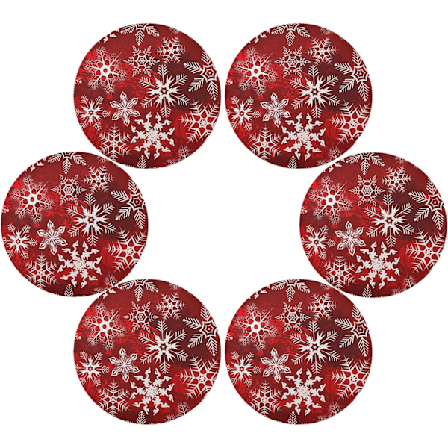 Sett med 6 runde vaskbare juleduker Rød julemønster med snøflak og blomster