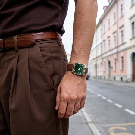 Clyde | Quadratische silberfarbene und grüne Uhr für Männer - Armbanduhren