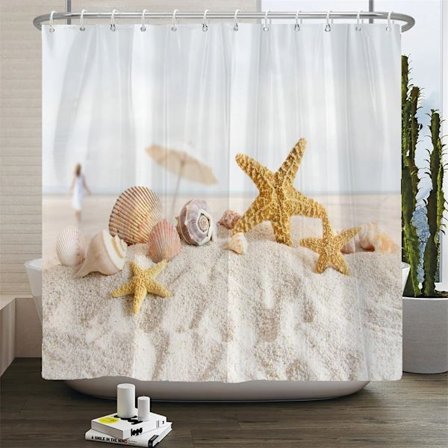 3D Bruseforhæng med Strandlandskab, Middelhavs Hav Badeværelsesforhæng, Vandtæt Stofindretning, Badeforhæng, B150xH180cm